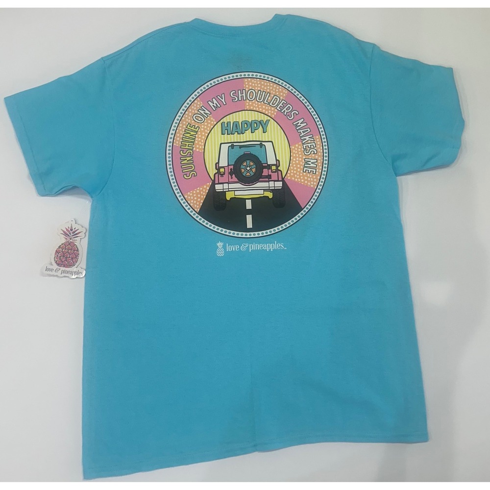 Love & Pineapples Womens Graphic T-Shirt Blue Sunshine Jeep Large 100% Cotton
